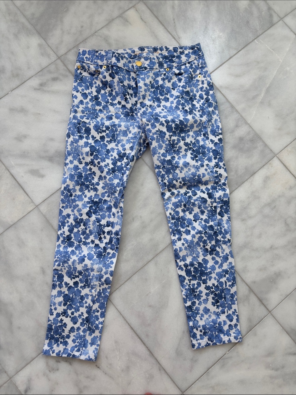 Michael Kors Blue Floral Printed Cotton-Sateen Pants Size 4